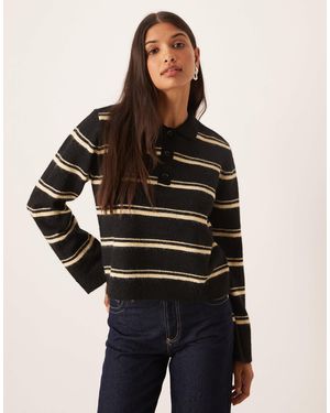 Aware Hairy Yarn Knitted Rugby Polo Style Sweater - Black