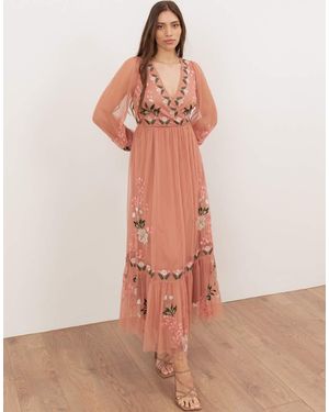 Maya Embroidered Faux Wrap Long Sleeve Midaxi Dress - Pink
