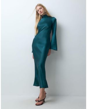 ASOS Hoogsluitende Maxi-Jurk Met Lange Mouwen Van Satijn - Blauw