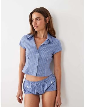 Mango Starring Hailey Bieber Gigi Cinched Waist Short Sleeve Shirt - Blue