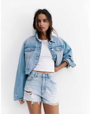 Pull&Bear Denim Shorts With Frayed Hems - Blue