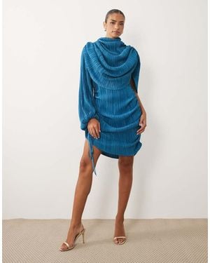 ASOS Plisse Asymmetric Cape Sleeve Mini Dress - Blue