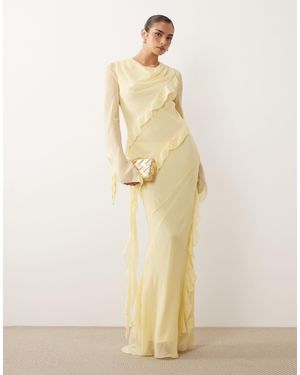 DASKA Chiffon High Cowl Neck Frill Detail Maxi Dress - Natural