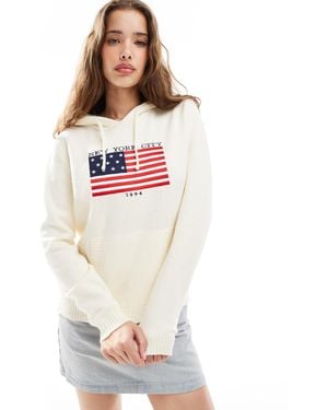 Daisy Street Wide Rib Pull-over Hoodie With Flag Applique And Embroidery - White