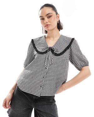 Threadbare Blusa A Cuadros Vichy Negros Con Solapas Extragrandes De - Gris