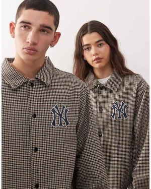 KTZ Ny Yankees Logo Button Through Checked Coach Jacket - Brown