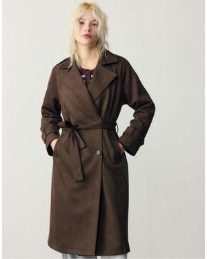 Stradivarius Long Faux Suede Trench Coat - Brown