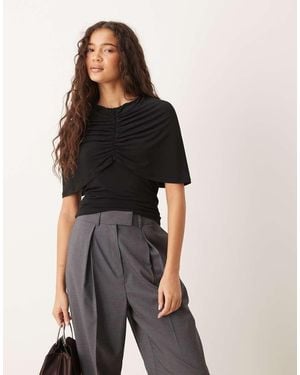 Gina Tricot Short Sleeve Cape Ruched Top - Black