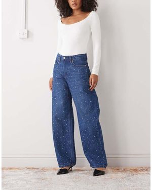 Monki Vaqueros Oscuro De Corte Suelto Con Diseño De Abalorios Termosellados De - Azul