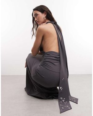 Weekday Halter Neck Scarf Detail Maxi Dress With Drop Waist - Grey