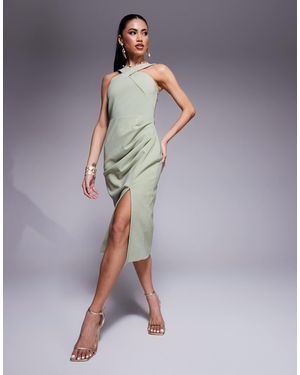 slim fit dress slacks Lavish Alice Green Pleated Satin Strapless Midi Dress UK 10 main image 0