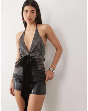ASOS Plisse Halter Top With Dramatic Velvet Bow - Brown