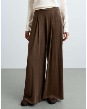 Oysho Pleated Wide Knit Trousers - Brown