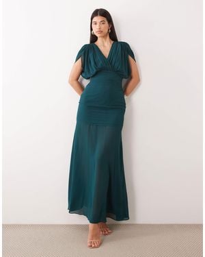 TFNC London Chiffon Gathered Waist Sheer Drop Hem Maxi Dress - Blue