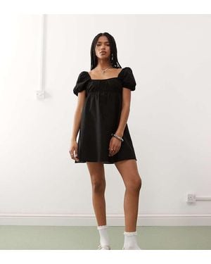 Monki Linen Mini Dress With Puff Sleeves - Black