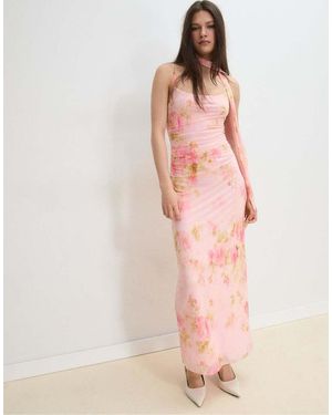Stradivarius Printed Tulle Midi Dress With Scarf - Pink