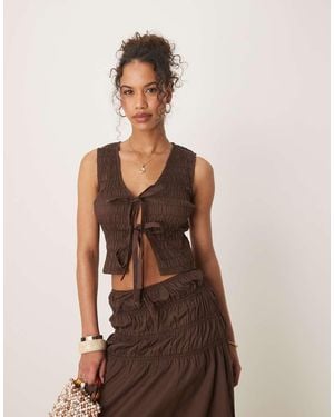 Glamorous Shirred Tie Front Top - Brown