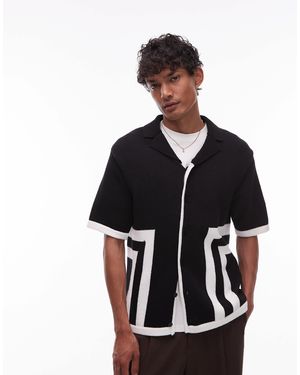TOPMAN Relaxed Fit Knitted Shirt With Border Design - Black
