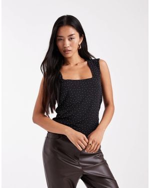 Vero Moda Reversible Square Neck Slinky Top With All-over Diamante Embellishment - Black