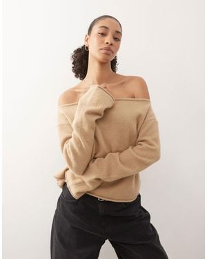 Monki Relaxed Off Shoulder Knitted Sweater - Natural