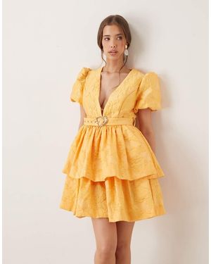 Sister Jane Heart Belt Jacquard Mini Dress - Yellow