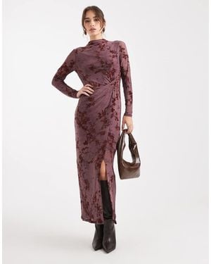 French Connection High Neck Mesh Midi Dress With Velvet Burnout - Red