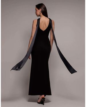 Goddiva Satin Multi Tie Halterneck Maxi Dress - Brown