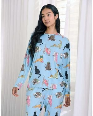 Chelsea Peers Sleepy Cats Print Long Pyjama Set - Blue
