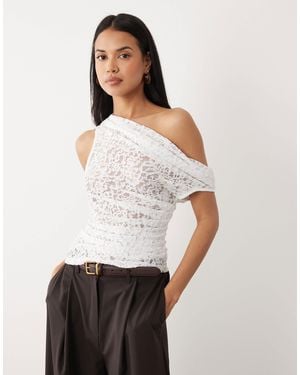 ASOS Sheer Lace Ruched Asymmetric Top - White