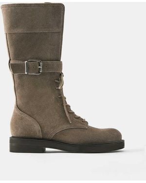 Pull&Bear Lace-up Flat Leather Boots - Green