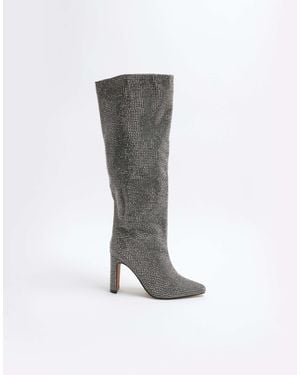 River Island Heatseal Knee High Heeled Boot - Gray