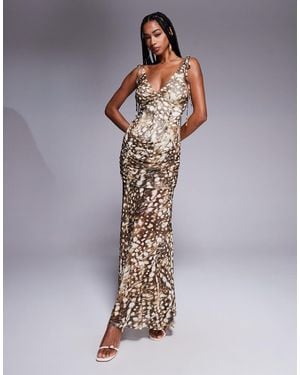 ASOS Printed Mesh Maxi Dress With Cowl Detail And Tie Straps - Multicolor