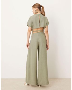 ASOS Linen Look Open Back And Ruched Detail Jumpsuit - Natural