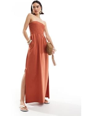 Threadbare Vestido Midi Color Óxido Con Escote Palabra De Honor Y Pecho Fruncido De -Caoba - Rojo