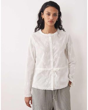 Jdy Tie Waist Shirt With Floral Embroidery - White