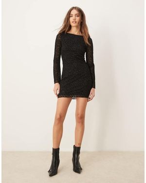 New Look Flocked Leopard Mesh Long Sleeve Mini Dress - Black