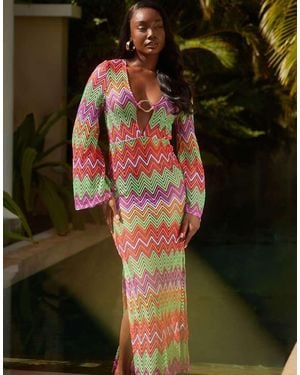 South Beach Vestido Playero Largo Con Patrón De Zigzag Y Detalle De Anilla De Croché De - Verde