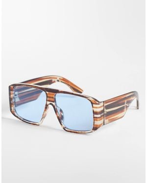 Kaiia – exklusive, breite pilotenbrille mit braunen streifen und blauen gläsern