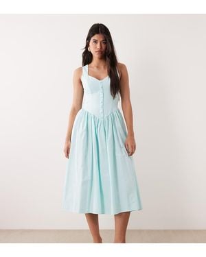 Kaiia Exclusive Cotton Poplin Sweetheart Neckline Button Detail Dropped V Waist Maxi Dress - Blue