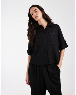 Aware Linen Blend Sleeve Detail Safari Shirt Co-ord - Black