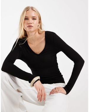 ASOS Lyocell Blend V Neck Long Sleeve Top - Black