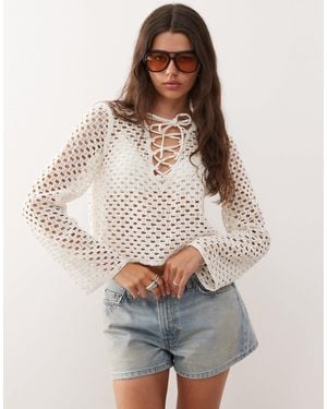 Monki Crochet Open Knit Top - Natural