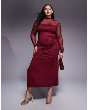 Renee Studio Mesh High Neck Hotfix Side Split Maxi Dress - Red