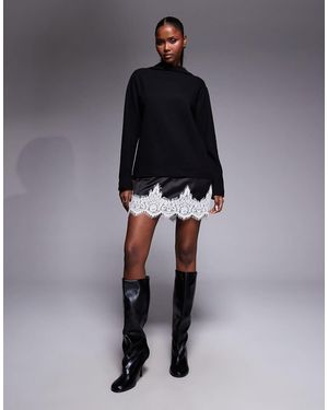 ASOS Supersoft Funnel Neck Mini Dress With Contrast Lace Hem - Black