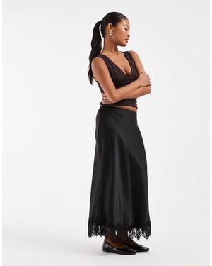 Vero Moda Satin Midi Skirt With Lace Detail Hem - White