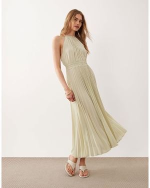 Mango Pleated Halterneck Midi Dress - Natural