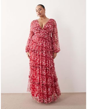 Lace & Beads Plus Long Sleeve Detail Tiered Tulle Maxi Dress
