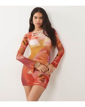 Kaiia Exclusive Mesh Long Sleeve Mini Dress - Red