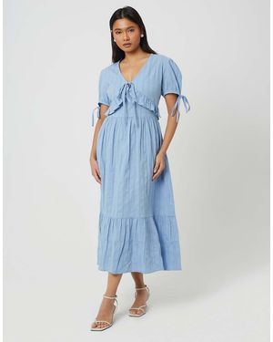 Brave Soul Puff Sleeve Maxi Dress With Tie And Ruffle Details - Blue