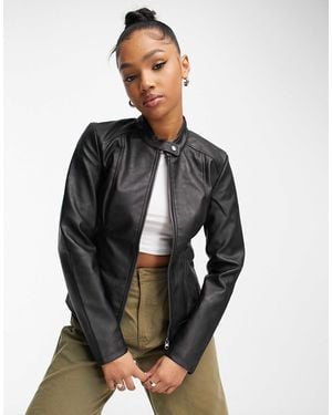 Jdy Collarless Faux Leather Jacket - Black